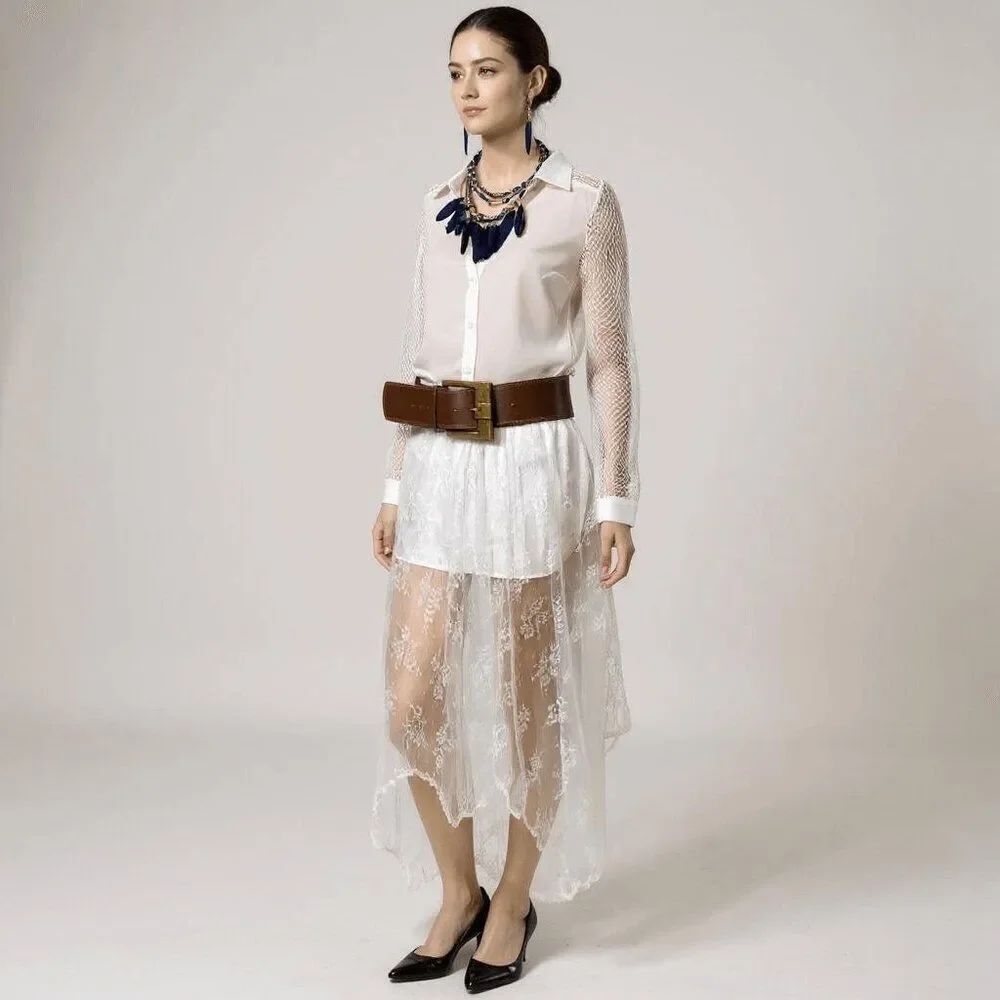 White Floral Lace Overlay Asymmetrical Uneven Maxi Skirt NEW